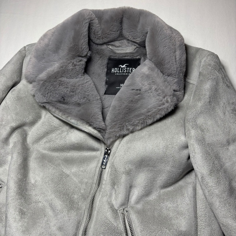 Hollister Aviator Jacket Womens Medium Gray Faux Suede Fur Lined Moto Biker Coat